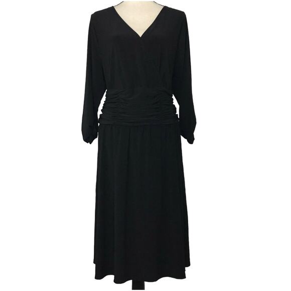 NY Collection 3X-Large Midi A-Line Dress 3/4 Sleeve Stretch Ruched Waist Black - Picture 2 of 11